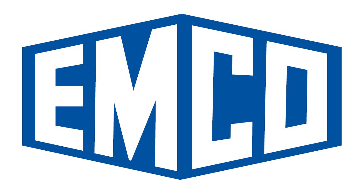 1946 logo, text spelling out Emco inside an oblong hexagon