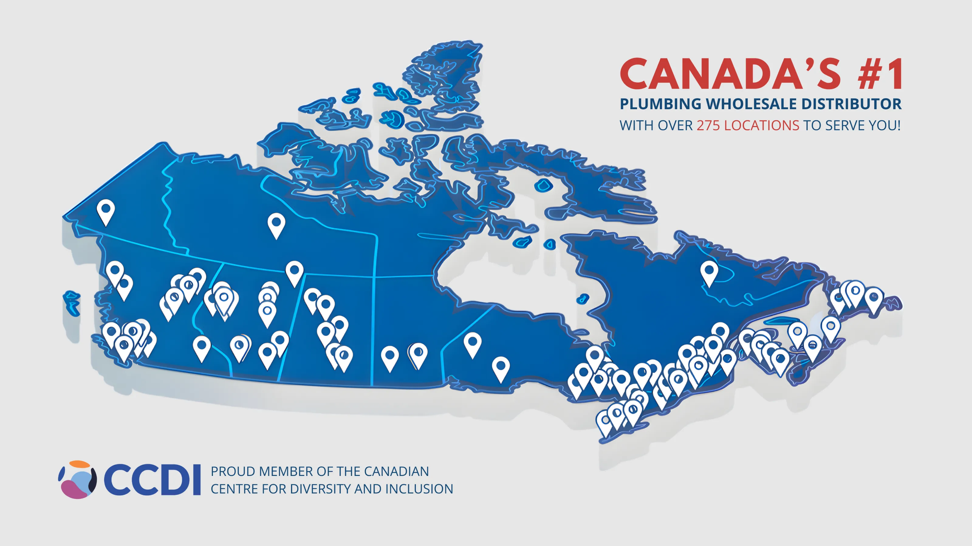 Map of Canada showing EMCO plumbing wholesale distributor locations nationwide with over 275 branches across the country and Canadian Centre for Diversity and Inclusion membership badge.