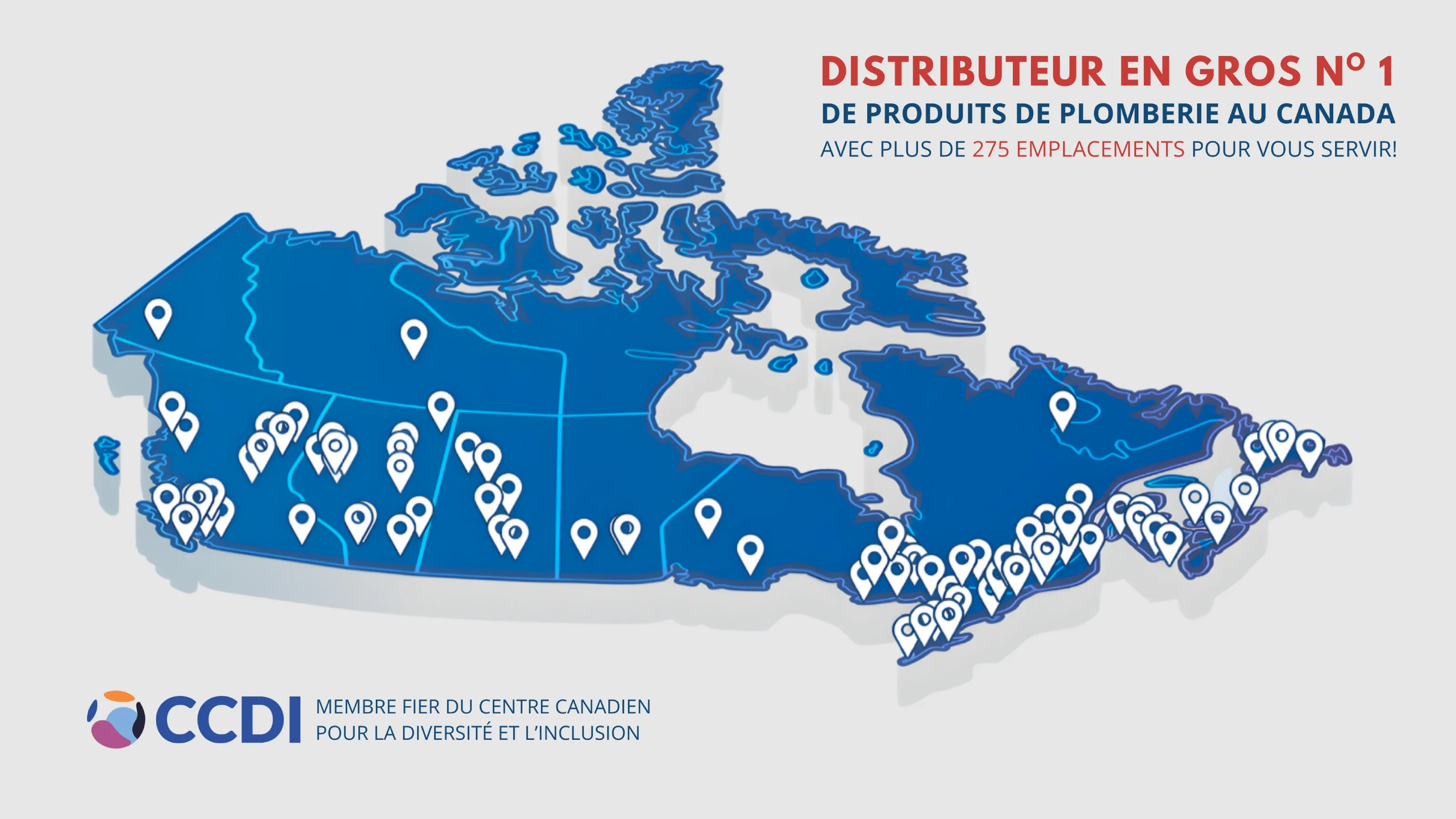 Carte du Canada montrant les emplacements du distributeur en gros de produits de plomberie EMCO à l’échelle nationale, avec plus de 275 succursales à travers le pays et l’insigne de membre du Centre canadien pour la diversité et l’inclusion.